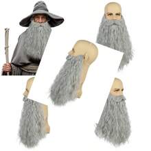 Men Long Curly Grey Fake Beard Wizard Cosplay Big Mustache Beard Accessories Adult Heat Resistant Synthetic Fiber Brethable Adjustable Size For Cosplay Halloween Costume Party