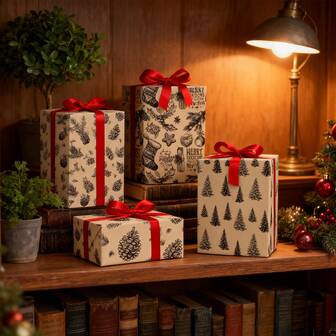 1 卷超长巨型圣诞包装纸 - 米色和棕色节日礼品包装，带有松树图案，抗撕裂，厚实耐用 - 适用于礼物、树木、卡片 - 优雅简约的圣诞设计、季节性卡片装饰、乡村风格包装、坚固的纸张