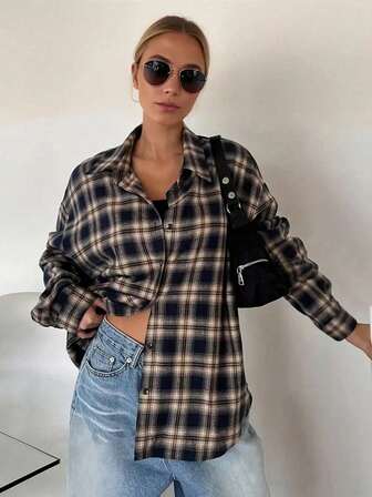 大码休闲格子长袖纽扣衬衫