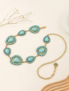 سلسلة خصر معدنية ذهبية قديمة مزينة بحجر فيروزي على الطراز الغربي البوهيمي، مصممة للرحلات الصحراوية وحفلات الطراز الغربي والمظهر البوهيمي الكاوبوي