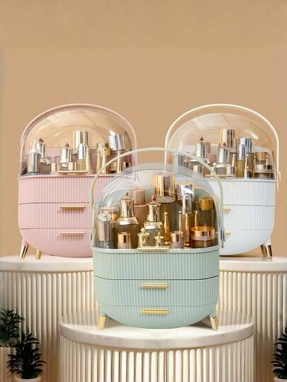 1 Stück polierte Make-up Aufbewahrungsbox - tragbar, transparent, staubdicht, Schmuck Ohrring Haar Ring Regal - Schlafzimmer Kosmetik Organizer mit Einsatz, Zuhause Essentiell für Make-up Organisation