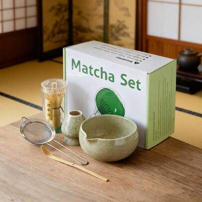 5pcs Japanese Matcha Tea Set, Ceramic Matcha Bowl With Spout And Matcha Whisk Set, Perfect For Homemade Or Restaurant Matcha Latte Beverage Preparation Ritual, Great Gift For Matcha Lovers
