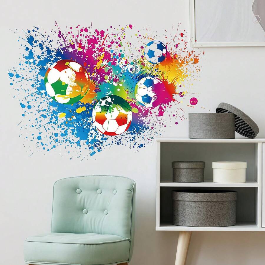 Cartoon Colorful Paint Splash Football Self-Adhesive Wall Sticker, Nursery Room Background Wall Decor Sticker, Baby Room Door Colorful Paint Collision Sticker - Multicolor - View 1