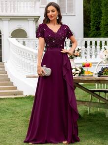 MIUSOL Đầm maxi dạ hội bằng chiffon phối ren đính sequin, cổ chữ V sâu, phối màu nổi bật, thích hợp cho khách dự đám cưới, lễ tốt nghiệp, tiệc gala và các dịp khác. - Màu Tím - Xem 5