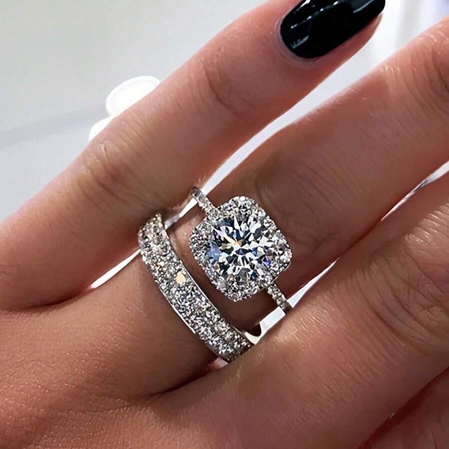 Elegant 2pcs Engagement Ring Set - Princess Cut Synthetic Cubic Zirconia, Alloy, Four-Prong, No Plating - Simple & Elegant Design For Daily & Wedding Occasions, December Birthstone, Christmas Gift Jewelry Quality - 5 - 查看 1