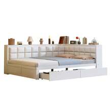Wooden Bed 140x200 Cm, Soft Backrest, Spacious Storage Drawers, Slatted Base, Single Pine Bed, White