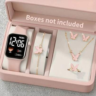Bộ 6 món gồm đồng hồ kỹ thuật số hình trái tim LED dễ thương, thích hợp cho bé gái, kèm vòng tay hình bướm, mặt dây chuyền, nhẫn và 1 đôi bông tai. Thích hợp cho học sinh, hoàn hảo cho mùa tựu trường, tiệc tùng, du lịch và cuộc sống hàng ngày. Quà tặng sinh nhật, tốt nghiệp, ngày Valentine, Giáng sinh, món quà lý tưởng cho bé gái.