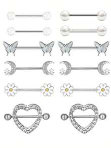 12 قطعة مجموعة خواتم ثدي من الفولاذ المقاوم للصدأ بتصميم زهرة الكريزانثيمم المتدلية، مرصعة بزركونيا 5A، مناسبة للاستخدام اليومي والحفلات والولائم