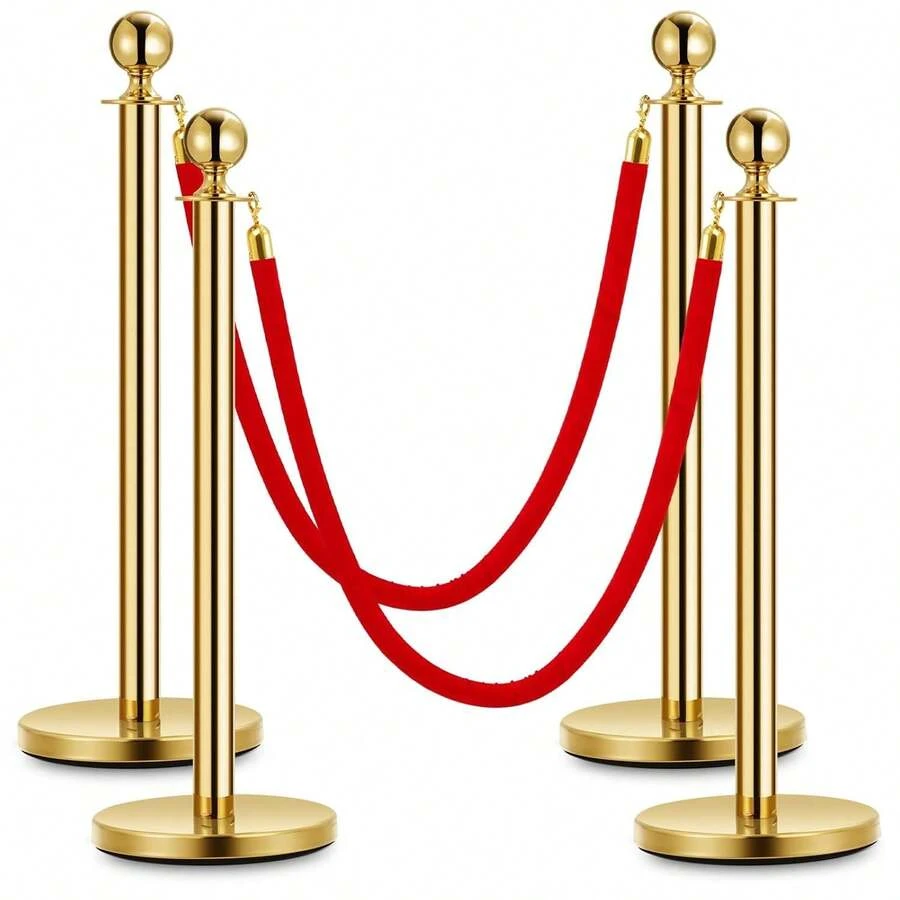 Techigher Velvet Ropes And Stanchion Post, Stanchions Posts With Velvet Rope, Stainless Steel Crowd Control Barriers Set For Crowd Control Barriers, Safety, And Protection - 4 Posts - View 1