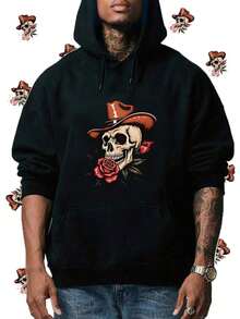 [Halloween Hoodie] Halloween Ghost Pumpkin Print Hoodie, Skeleton Halloween Sweatshirt, Spooky Season Hoodie, Long Sleeve Hooded Top For FallWinter, FallWinter Gift,Fall Hoodies,Men's Fall Clothes,Street Wear,Halloween,Mens Hoodies,Y2k Clothes,Jesus Hoodie,Thanksgiving Day,Nightmare Before Christmas,Christmas - Black - View 1