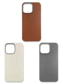 Funda de teléfono de lujo con textura de lichi de tacto suave, combinación de 3 colores para todas las estaciones, gris, marrón y beige, compatible con iPhone/Galaxy - Multicolor - Ver 15