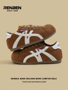 RENBEN 1 Paar Damen Retro Stil Schnürschu he, Beige & Farbblock, Neuheiten Herbst/Winter 2025, versteckter Keilabsatz, leichte weiche Sohle, sportliches Design, geeignet für Studenten und Rennen