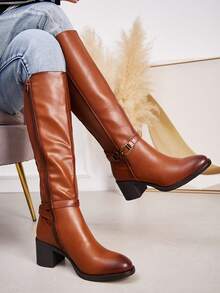 fandelle Botas de salto alto acima do joelho, com zíper lateral e decoração de metal, de cor sólida e da moda - Camelo - Ver 2