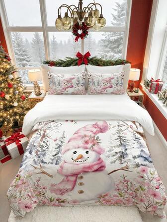 3pcs A Snowman Wearing A Pink Floral Hat And A Plaid Scarf Pattern Print Duvet Cover Set (1*Duvet Cover + 2*Pillowcase, Without Core), Christmas Theme, Winter Christmas, Soothing Visual Fatigue, Suitable For All Seasons, Suitable For Hotel, Bedroom, Guest Room And Dormitory Decoration Bedding