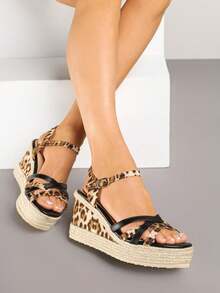 Woven Wedge Sandals With Interwoven Leopard Straps - Black - View 4