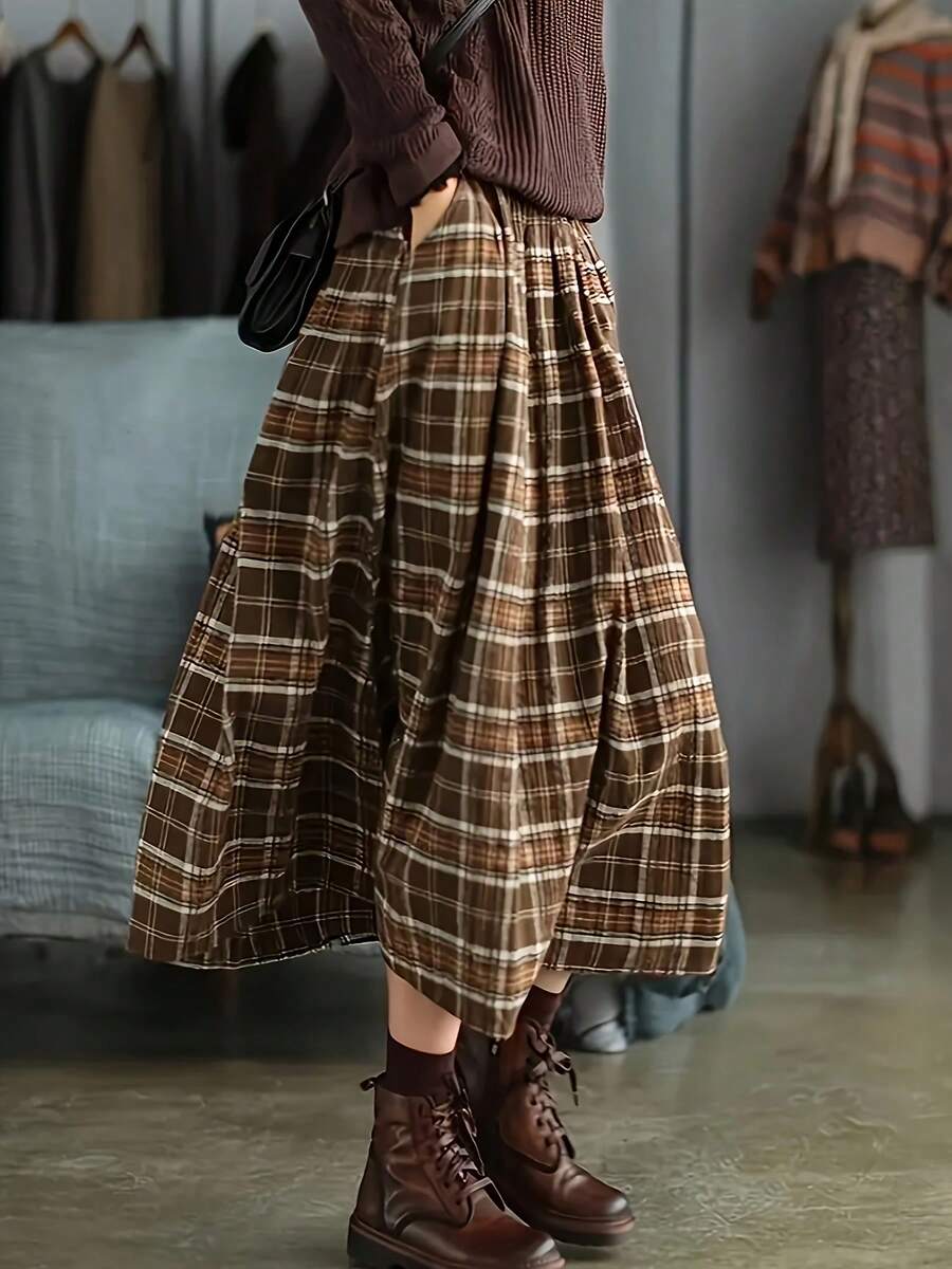 Plus Size Elegant Brown Plaid Mid-Length Skirt With Pockets, Non-Stretch Woven Fabric - Brown - View 1