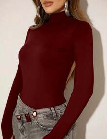 Women's Body Shaper Leotard Second Skin Long Sleeve Open Back Bare Back High Neck Finger Versatile Casual Occasional Foreign Fashion Elegant Basic - 紅木色 - 查看 2
