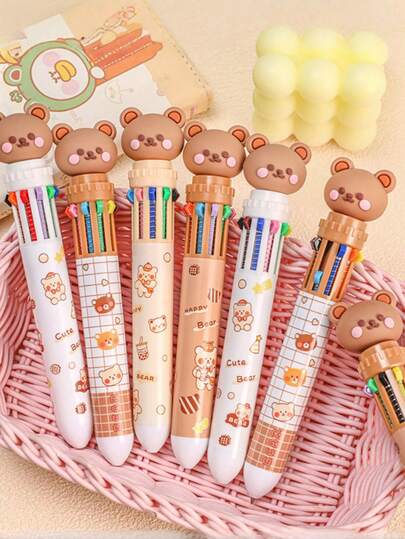 Conjunto de canetas esferográficas multicoloridas Cute Bear, canetas retráteis de pressão, material plástico, sem necessidade de pilhas, com cores sortidas para maiores de 14 anos, planejador diário, instrumento de escrita