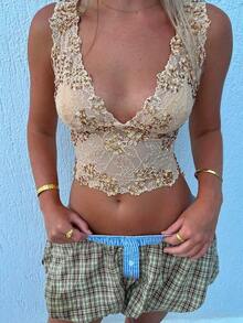 Women Lace Tank Top, Sleeveless Tops V-Neck Shiny Slim Fit Summer Clubwear For Daily Party - 黃色 - 查看 2