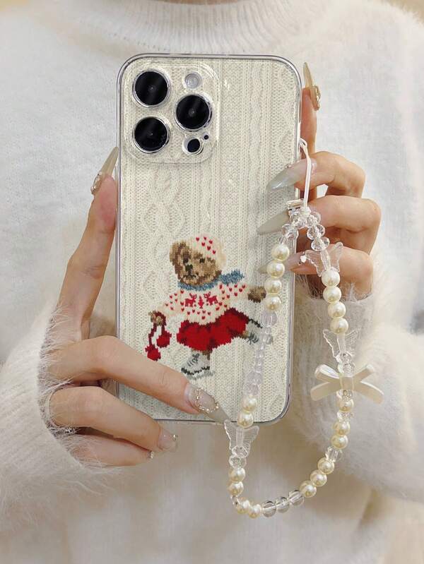 1pc Perforated High Transparency Red Sweater Bear Painted Thick Anti-Drop Painted Phone Case With Handmade Beaded Bracelet Accessory, Compatible With IPhone, Galaxy, Redmi