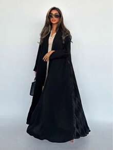 女士时尚黑色长袖卡夫坦长袍/贾拉比亚，梭织面料，后背褶裥设计，略带弹性，适合开斋节穿着。 - 黑色 - 查看 1