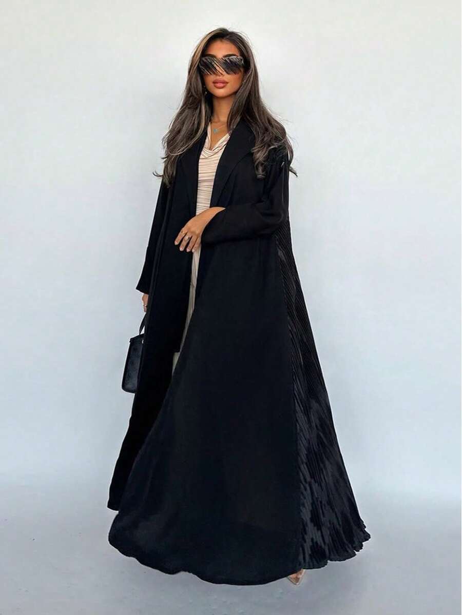 女士时尚黑色长袖卡夫坦长袍/贾拉比亚，梭织面料，后背褶裥设计，略带弹性，适合开斋节穿着。 - 黑色 - 查看 1