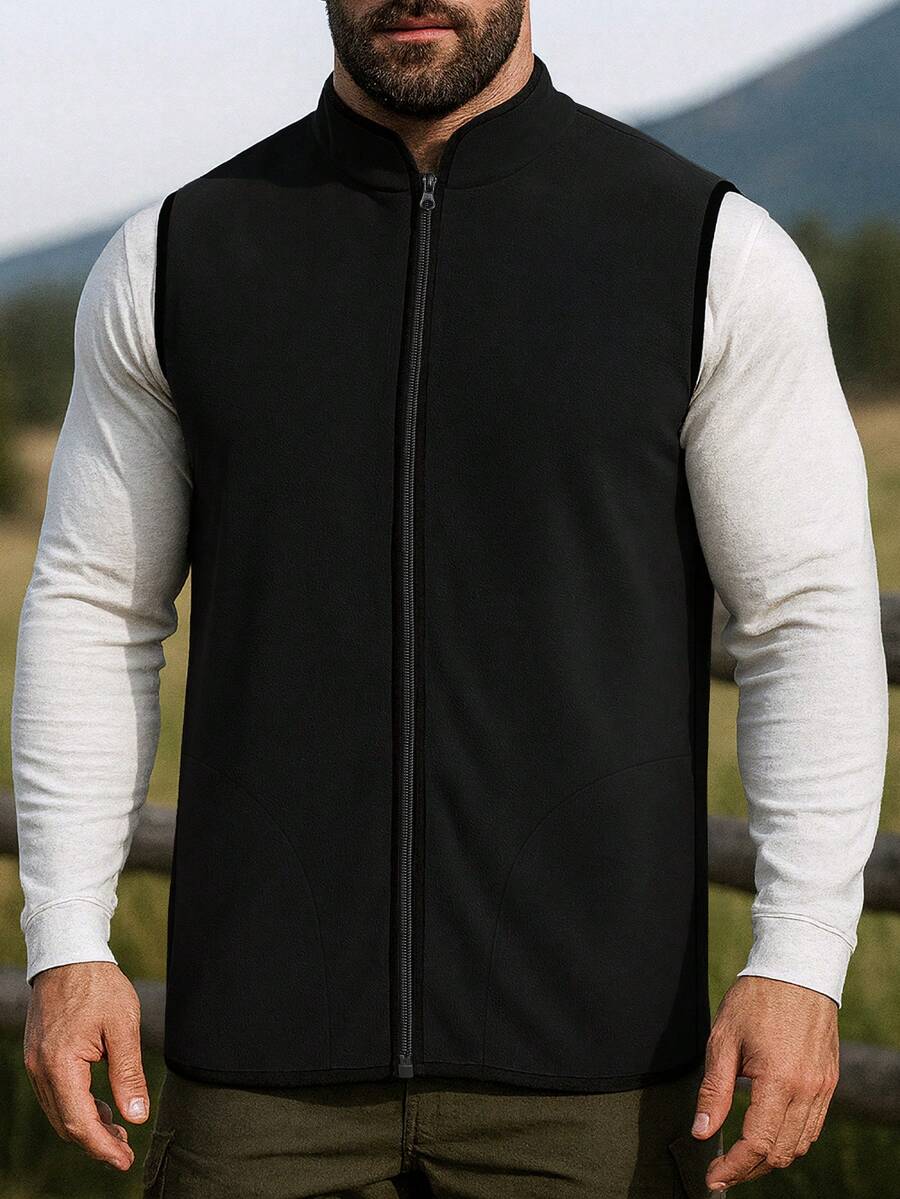 男士无袖抓绒背心，立领拉链外套，适合旅行、居家、露营、健身、徒步、骑行、跑步、叠穿、日常通勤、冬季穿着