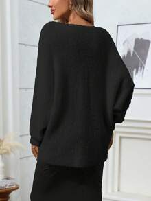 加大码纯色蝙蝠袖宽松针织套头衫，适合冬季 - 黑色 - 查看 2