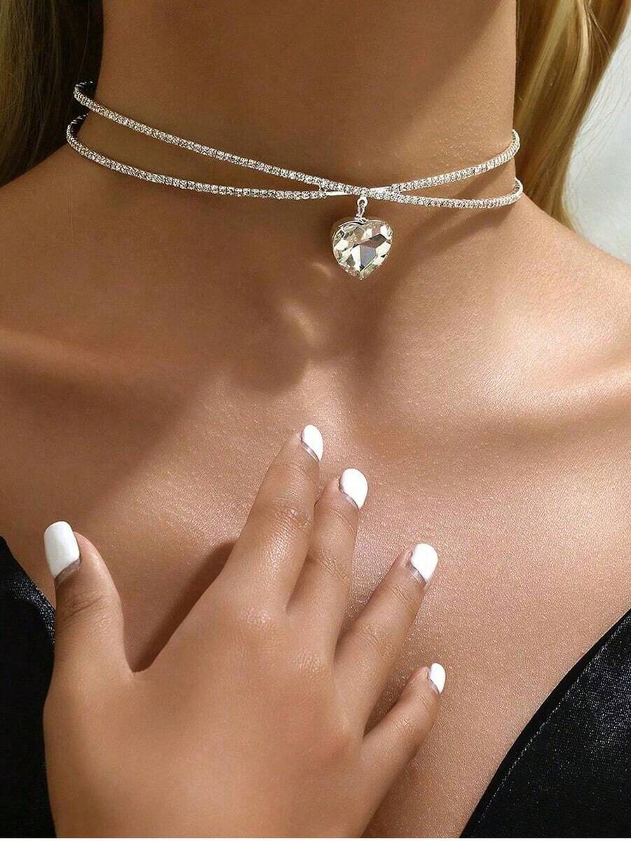 1pc Women's Fashion Heart-Shaped Double Row Rhinestone & Zirconia Luxurious Party Open Choker Necklace, Suitable For Party Wear - Silver - View 1