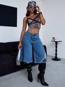 Women's Y2K Distressed Denim Culottes High Waisted Wide Leg Mid Length Jeans Vintage Ripped Loose Fit Jean Shorts For Women - Medium Wash - View 1
