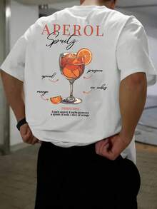 Men's Aperol Spray Print T-Shirt - Black Polyester, Relaxed Fit, Crew Neck, Short Sleeve, Orange And White Print Summer Casual Shirt, Machine Washable, Beach Top | Plain Fabric - 白色 - 查看 2