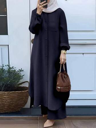 2-delat Abaya-set: Långärmad skjorttopp och vida byxor, elegant och bekvämt för hemmabruk och vardagsbruk
