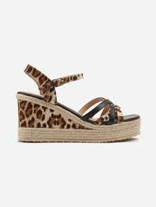 Woven Wedge Sandals With Interwoven Leopard Straps - Black - View 3