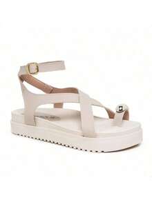 Sandals With Cross Straps, Summer Flat Sandals, Toe Decoration - Beis - Ver 4