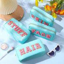 4 bolsas de cosmticos de nailon, organizador de viaje, con letras de chenilla, bolsa de maquillaje con cierre, impermeable, bolsa de aseo para mujeres y nias, Blanco cremoso, rosa claro, - Azul claro - Ver 4