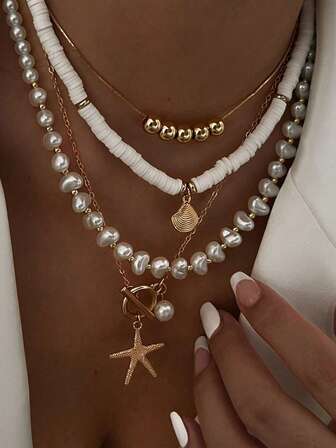 Set de 4 collares de estilo vacacional con conchas de playa, collares bohemios retro con perlas barrocas de imitación para mujeres