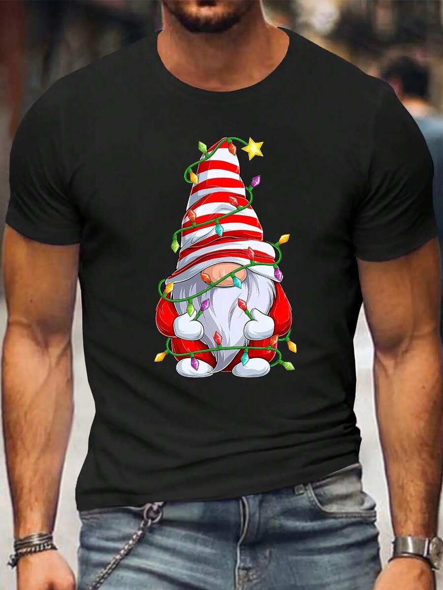 [Salidas Casuales] Camiseta Gráfica de Santa Claus de Navidad para Hombre de Talla Grande - Ligera, Transpirable, Poliéster, Cuello Redondo, Manga Corta, Lavable a Máquina - Diseño Festivo para Primavera/Verano/Otoño, TALLA GRANDE - Negro - Ver 1