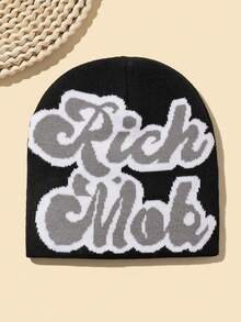 1顶字母刺绣针织帽，欧美风格，新款秋季时尚保暖帽，冬季保暖男士冬装 - 字母黑灰色 - 查看 3