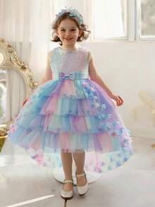 Girls Rainbow Tulle Dress, Princess Dress, Flower Girl Dress, Performance Dress, Girls Floral Dress