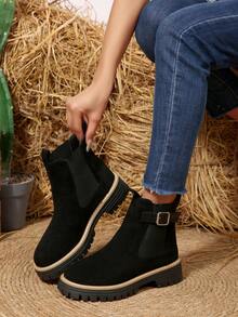 Women's Buckle Decor Patchwork Round Toe Slip-On Black Short Boots, Western Style Suitable For Holidays, Outdoor, Halloween And Daily Wear, Autumn/Winter New High Heel Boots, Fashionable And Comfortable To Pair With Jackets