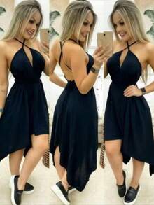 Women's Wrap Dress With Straps, Loose With V-Neck And Back, SOCIAL Simple, Knot, Backless, Asymmetrical, Beach, Holiday - màu đen - Xem 3