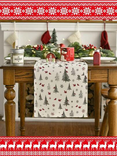 Bieżnik na stół z motywem choinki – prostokątna dekoracja stołu z poliestru tkanego z owocami ostrokrzewu i wesołymi życzeniami świątecznymi do domu i na imprezę, sezonowa dekoracja kuchni i jadalni