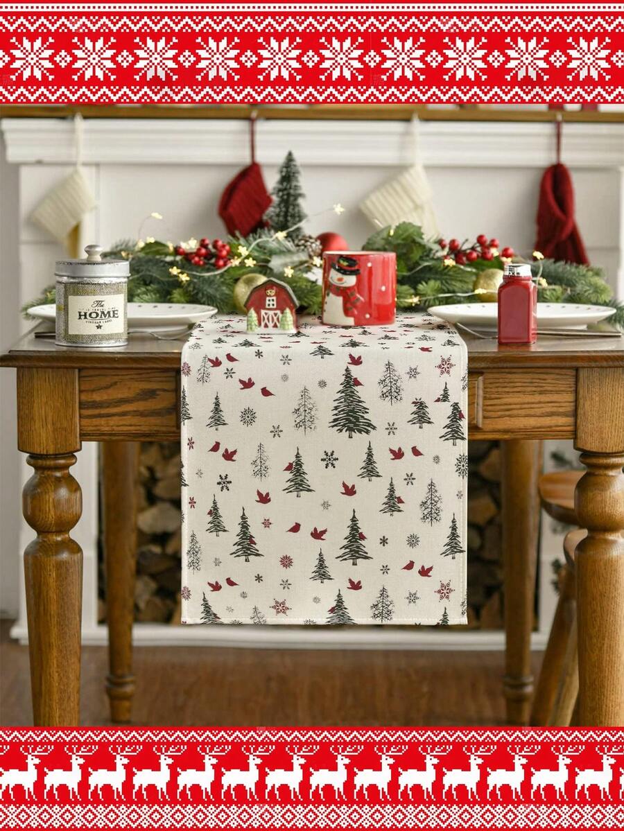 Christmas Pine Tree Table Runner - Polyester Woven Rectangular Table Decor With Holly Berries And Merry Christmas Greeting For Home And Party Seasonal Kitchen Dining Decoration