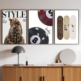 1/3 Psc Frameless 3-Piece Fashion Poster Set, Leopard Print Pool & Skateboard & Cocktail Typography Wall Art, Urban Street Style Decor For Bedroom Dorm Game Room, Vintage Retro Aesthetic Gift