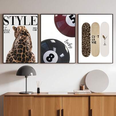 1/3 Psc Frameless 3-Piece Fashion Poster Set, Leopard Print Pool & Skateboard & Cocktail Typography Wall Art, Urban Street Style Decor For Bedroom Dorm Game Room, Vintage Retro Aesthetic Gift