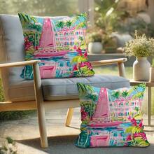 Tropical Outdoor Throw Pillow Covers 18x18 Inch - Vibrant Boat & Coconut Tree Print, Single-Sided Printed, Envelope Closure, For Patio, Balcony, Garden, Sofa & Tent Decor, Decorative Pillowcase - 樣式 1 - 查看 2