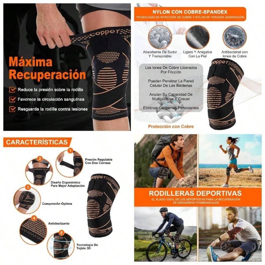 Rodilleras Gym con Fibra de Cobre 2 Piezas, Rodillera Deportiva Ajustable y Ortopdica para Hombres y Mujeres, Soporte para Menisco, Rodilleras Basquetbol, Correr y LevantamientoXXL - Negro con acabado cobrizo + XXL - Ver 1