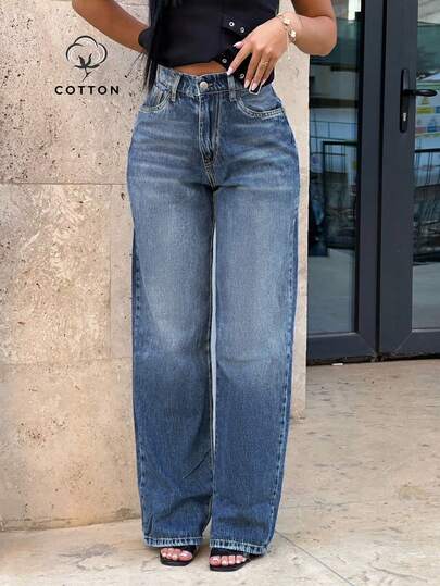 Jeans casuales sueltos y lavados de estilo callejero de moda para mujeres; adecuados para la temporada de regreso a la escuela, la temporada de regreso a la escuela, el uso diario, el uso en el hogar y las vacaciones de ocio.