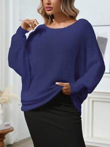Plus Size Solid Color Batwing Sleeve Loose Pullover Sweater - Blue - View 3