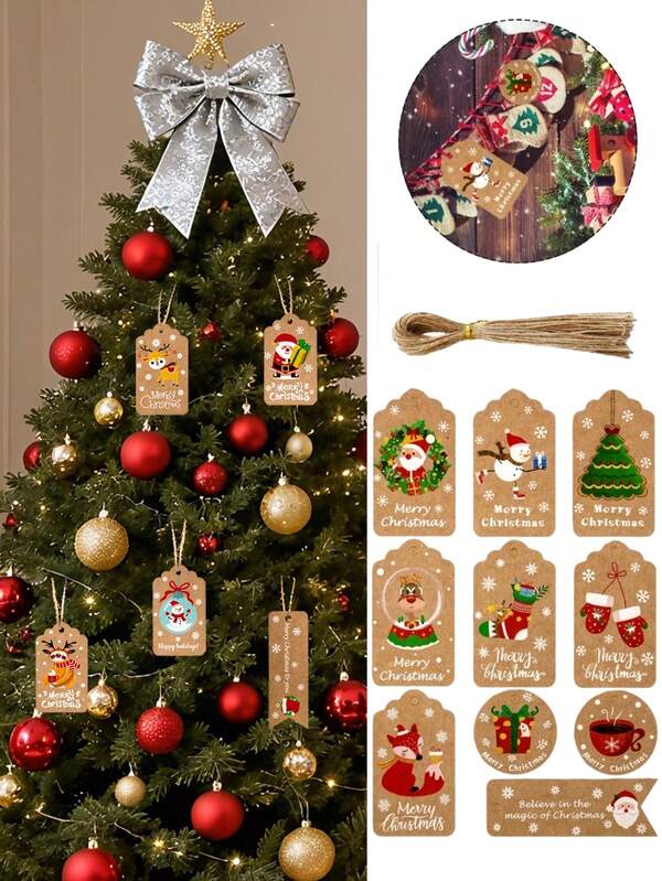 100 Pcs DIY Gift Tags Christmas Tree Decoration Kraft Paper Card Hang Tag With Hemp Rope, Suitable For Gift Gift Tags, Birthday Wedding Party Gift Decoration Props Tags, Christmas Tree Decoration Tags, Christmas Window Decoration Tags, Props Tags